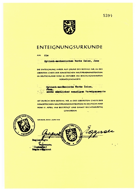 Zeiss Enteignungsurkunde